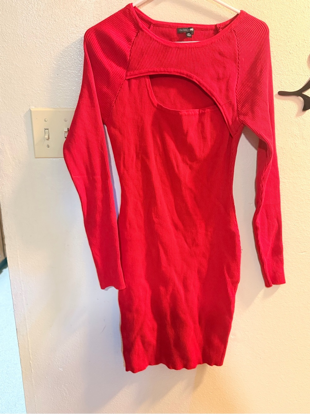 Fashion Nova Bright Red Long Sleeve Cutout Ribbed Bodycon Dress